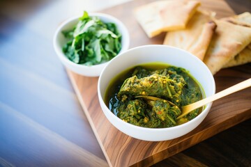 saag aloo scooped with a piece of naan bread
