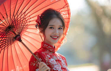 beautiful asian woman walking outdoors holding a red umbrella and smiling