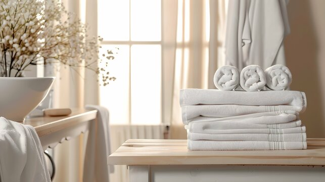 table in the bathroom with a pile of brand new towels neatly stacked on it There is also an empty area available where text can be placed
