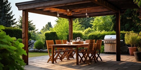 Obraz premium Outdoor dining area with empty table and barbecue