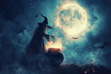 Naklejka premium A witch stirring a cauldron with a full moon and bats in the night sky Halloween witch with potion and cauldron
