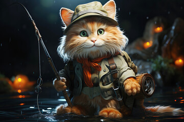 cartoon character a fisherman cat with a fishing rod catches fish in a lake river in water in summer morning