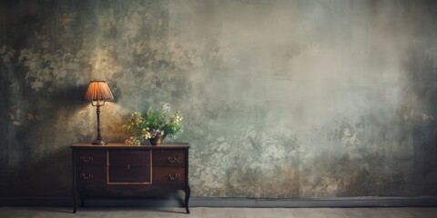 Grunge interior with vintage wallpaper in photo studio.