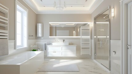 Fototapeta na wymiar Spacious new bathroom features white mirror and lighting