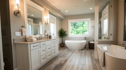 Obraz na płótnie Canvas Spacious new bathroom features white mirror and lighting