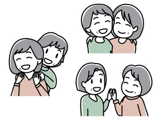 仲の良いシニア女性カップル（肩を抱く・手を合わせる）