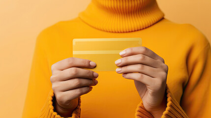 Close-up of hands holding a golden credit card on a yellow backdrop. - obrazy, fototapety, plakaty