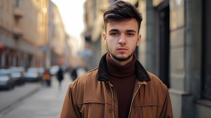 Fototapeta premium Portrait of a young man in a jacket on the street.