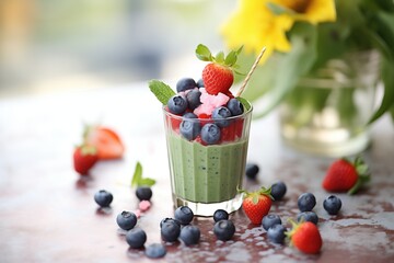 close-up: glass filled with spinach berry smoothie, fresh berries on top, green leaves around - Powered by Adobe