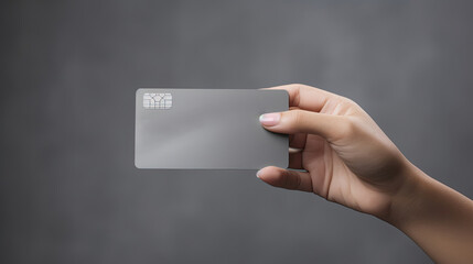 Hand holding a gray credit card on a gray backdrop