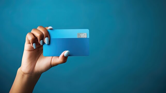 Hand with blue nail polish holding a blue credit card against a blue background.