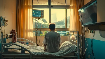 Obraz premium patient in a clinic hospital room on a bed receiving good news