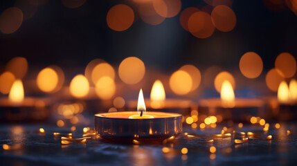 Softly lit tealight candles provide a warm, intimate atmosphere, complemented by a gentle bokeh effect in the background.