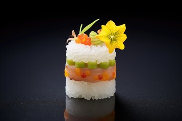 inside-out roll topped with fish roe and cucumber slices