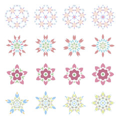 Collection of colorful geometric patterns of flowers and stars isolated on white.