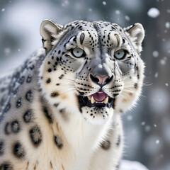 A majestic snow leopard gracefully navigating through a wintry landscape.