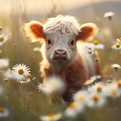 Baby mini cow highland cow field daisy AI Generated pictures