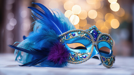 A sophisticated blue masquerade mask with feathers on a blurred background with sparkling bokeh lights.
