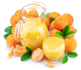 Orange tangerine fruits and fresh tangerine juice isolated on white background.