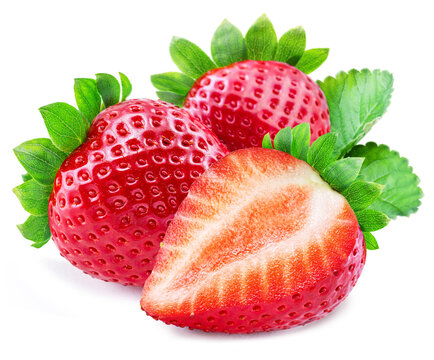 Strawberries and strawberry cross section isolated on white background.