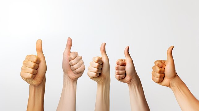 Multiple hands giving thumbs up against a white background, symbolizing approval or success.