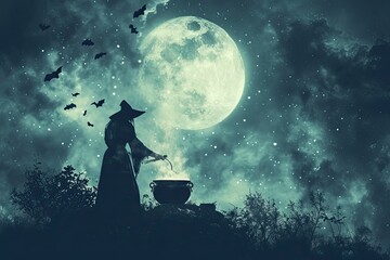 A witch stirring a cauldron with a full moon and bats in the night sky Halloween witch with potion and cauldron - obrazy, fototapety, plakaty