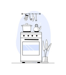 Kitchen cozy interior with stove and utensils in outline style with minor light color. Geometric sketch. Vector illustration