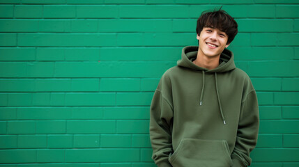 Cheerful young male with a casual green hoodie smiling broadly, standing before a vibrant green wall. - Powered by Adobe
