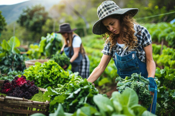 Female farmer friends picking up fresh organic vegetables
