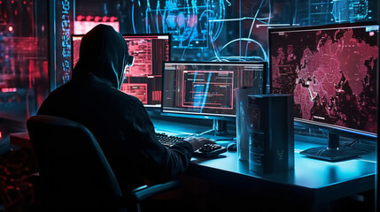 Cyber criminal hacking system at monitors