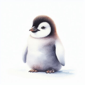 A baby penguin standing on a white background. The baby penguin is drawn with a lot of detail, and you can see its small beak, dark eyes, and soft feathers. The background is a simple white