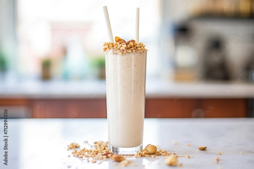 Wall mural close-up of a walnut banana smoothie in a tall glass topped with chopped nuts - Wall murals