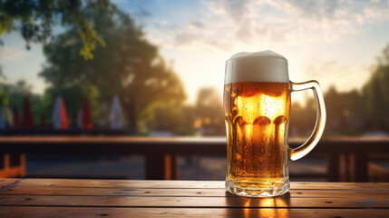 A refreshing cold beer with frothy head served in a mug on a wooden table outside, with a warm sunset and trees in the background. - Powered by Adobe
