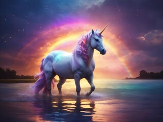 Ephemeral Elegance: A Unicorn's Serene Journey Through the Sunset Glow, Accompanied by a Gravity-Defying Rainbow in the Twilight Symphony of Fantasy - AI Generated