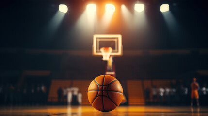 A basketball hoop set against a backdrop of a sports arena filled with spectators and bright...