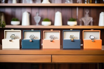 elegant leather watch boxes lined up on a wooden shelf