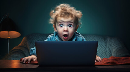 A young child shows a shocked expression while using a laptop in a dark room, highlighting the impact of technology on youth.