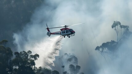 Fototapeta na wymiar helicopter douses bush fire. Global Warming concept.