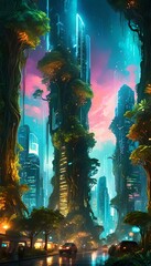 a cityscape where skyscrapers are replaced by colossal bioluminescent trees. The urban jungle glows with vibrant colors, and flora and fauna coexist with human structures.