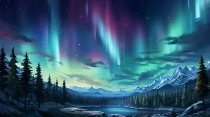 Poster Nordlichter Mesmerizing aurora sky over snow-covered mountains in northern canada.