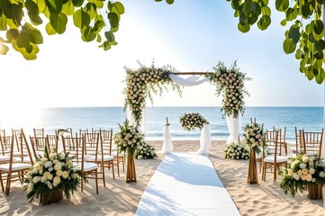 Fototapeta premium Elegant beach wedding setting: Wooden arch adorned with flowers on a white walkway, creating a romantic scene for ceremonies.