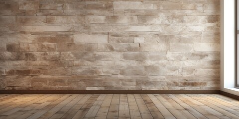 Remove white vintage interior from grunge stone wall and old wood floor. Use pattern gallery as background for concept or project. Realistic .