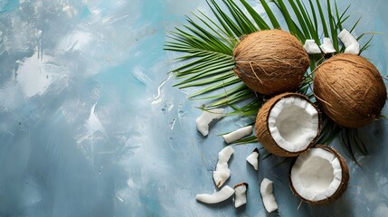 Fototapeta na wymiar Fresh coconuts on a Studio background, creative flat lay healthy food concept, Free Copy Space 