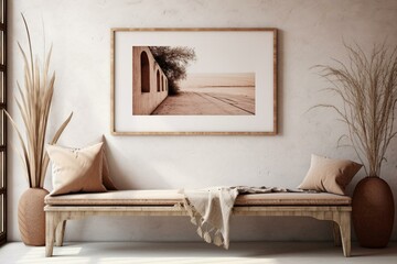 Mock-up poster in interior with vintage bench, Scandinavian boho style. Generative AI