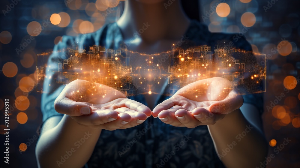 Poster tech fusion: double exposure of woman's hands with digital coding icons - data development concept