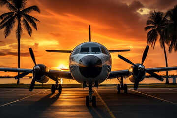 Fototapeta premium illustration of a airplane in the sunset standing. Created with Generative AI