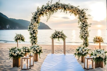 Charming beach wedding: Wooden arch adorned with flowers on a serene white walkway, creating a romantic backdrop for special ceremonies.