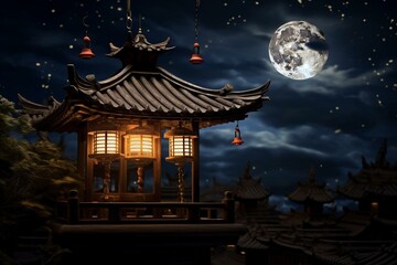 Nighttime rooftop lantern under the moon. Generative AI