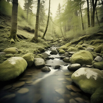 Mossy stones and flowing stream in green forest Nature composition