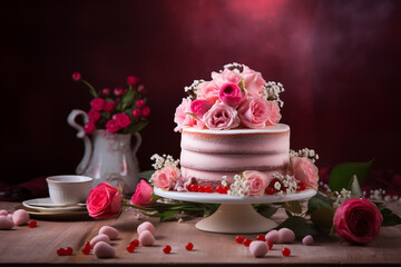 Cake and flowers for Valentine's Day.